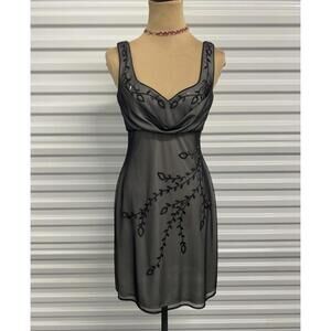 Y2K Adrianna Papell Black Sheer Embroidered Mini Dress